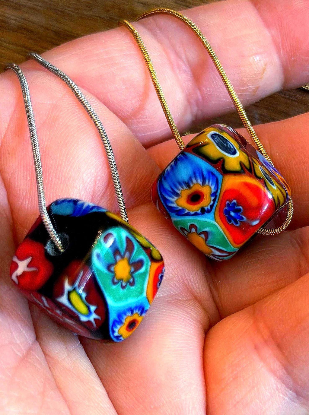 Murano Millefiori Chunky Cube Bead Necklace, Exclusive Ercole Moretti Glass, Stainless Steel Chain
