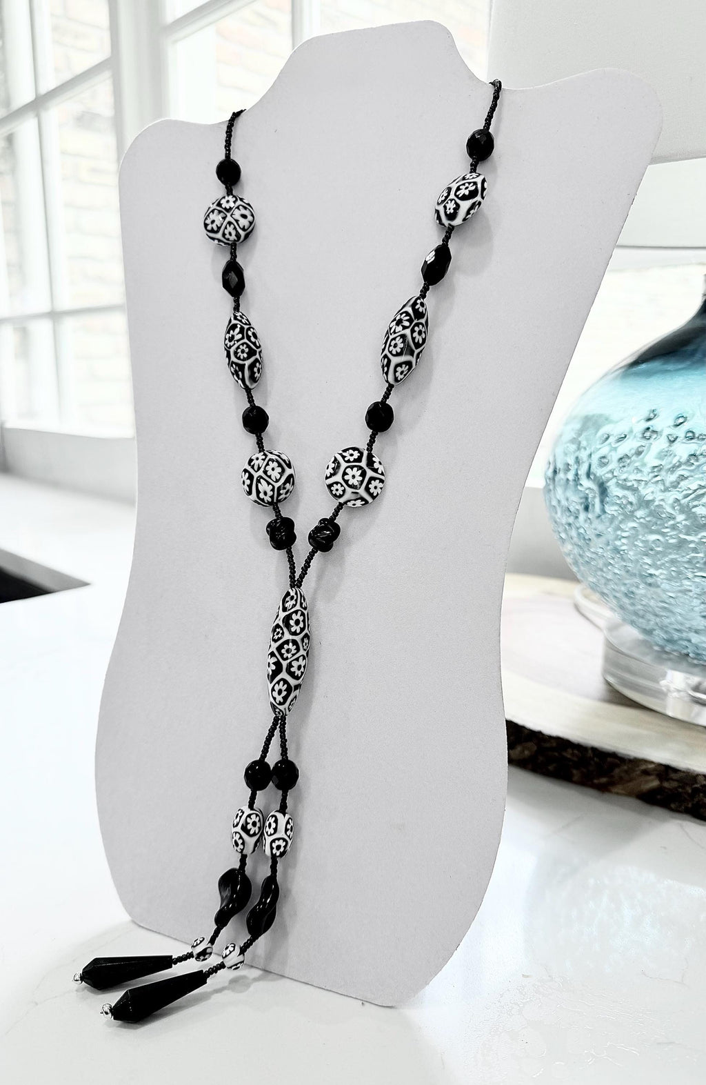 Rosario Leonardi Black White 40”Necklace: FEATURING Ercole Moretti Murano Millefiori Glass Beads