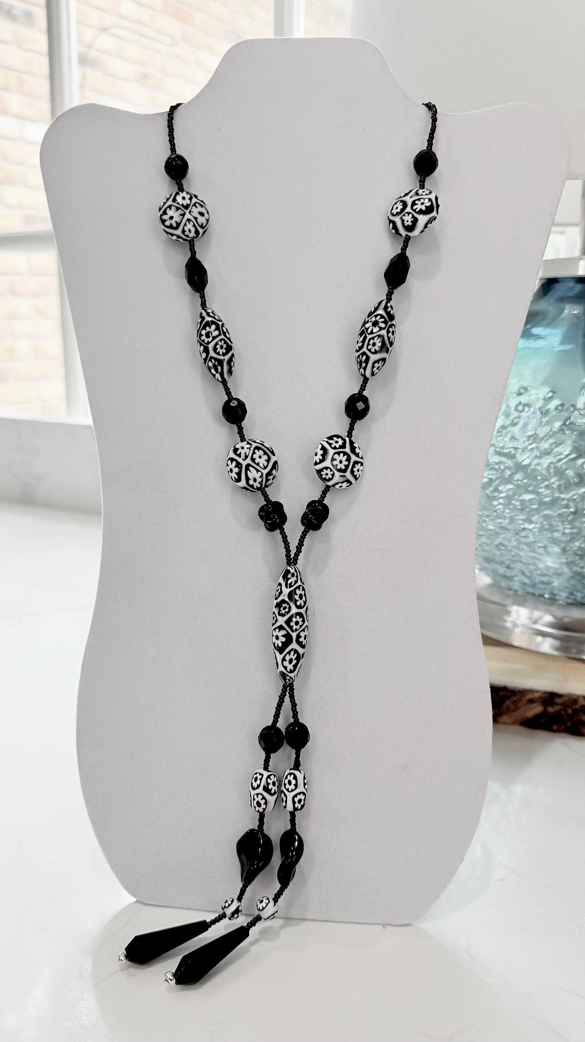 Rosario Leonardi Black White 40”Necklace: FEATURING Ercole Moretti Murano Millefiori Glass Beads
