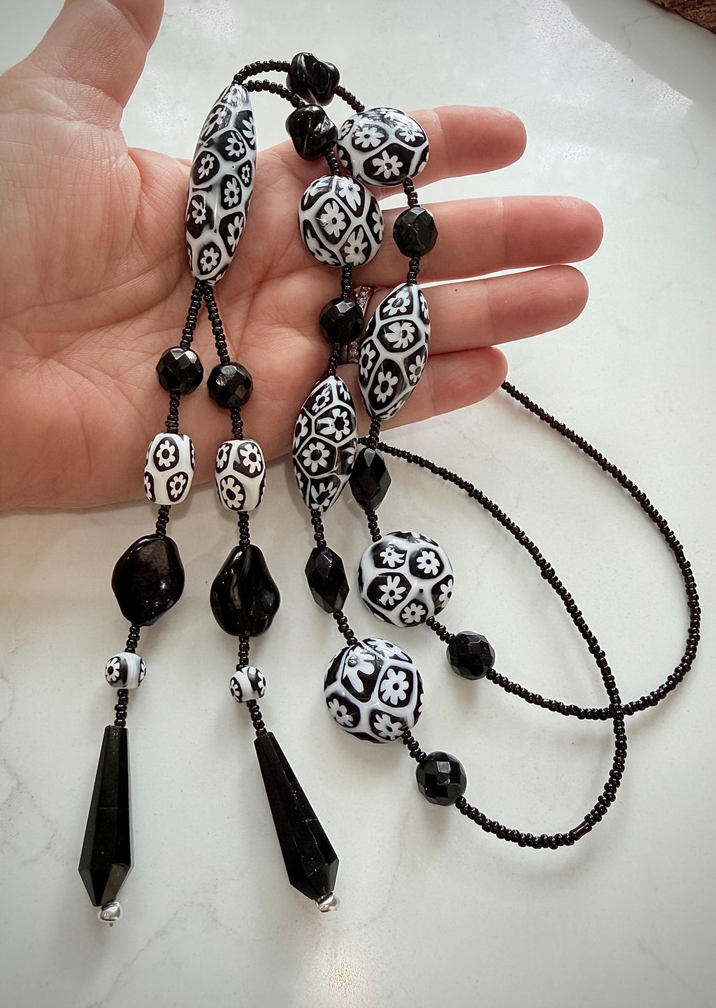 Rosario Leonardi Black White 40”Necklace: FEATURING Ercole Moretti Murano Millefiori Glass Beads