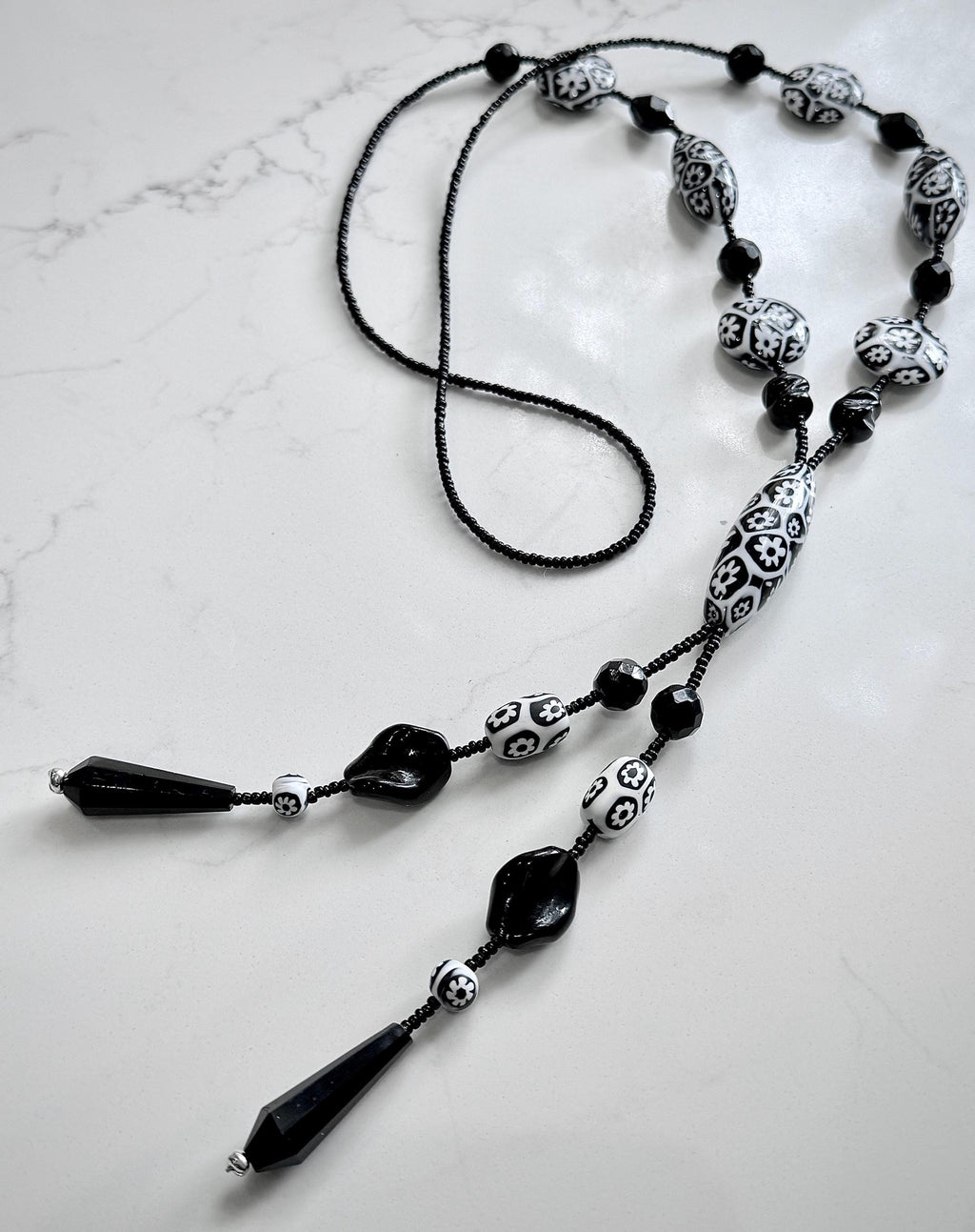 Rosario Leonardi Black White 40”Necklace: FEATURING Ercole Moretti Murano Millefiori Glass Beads