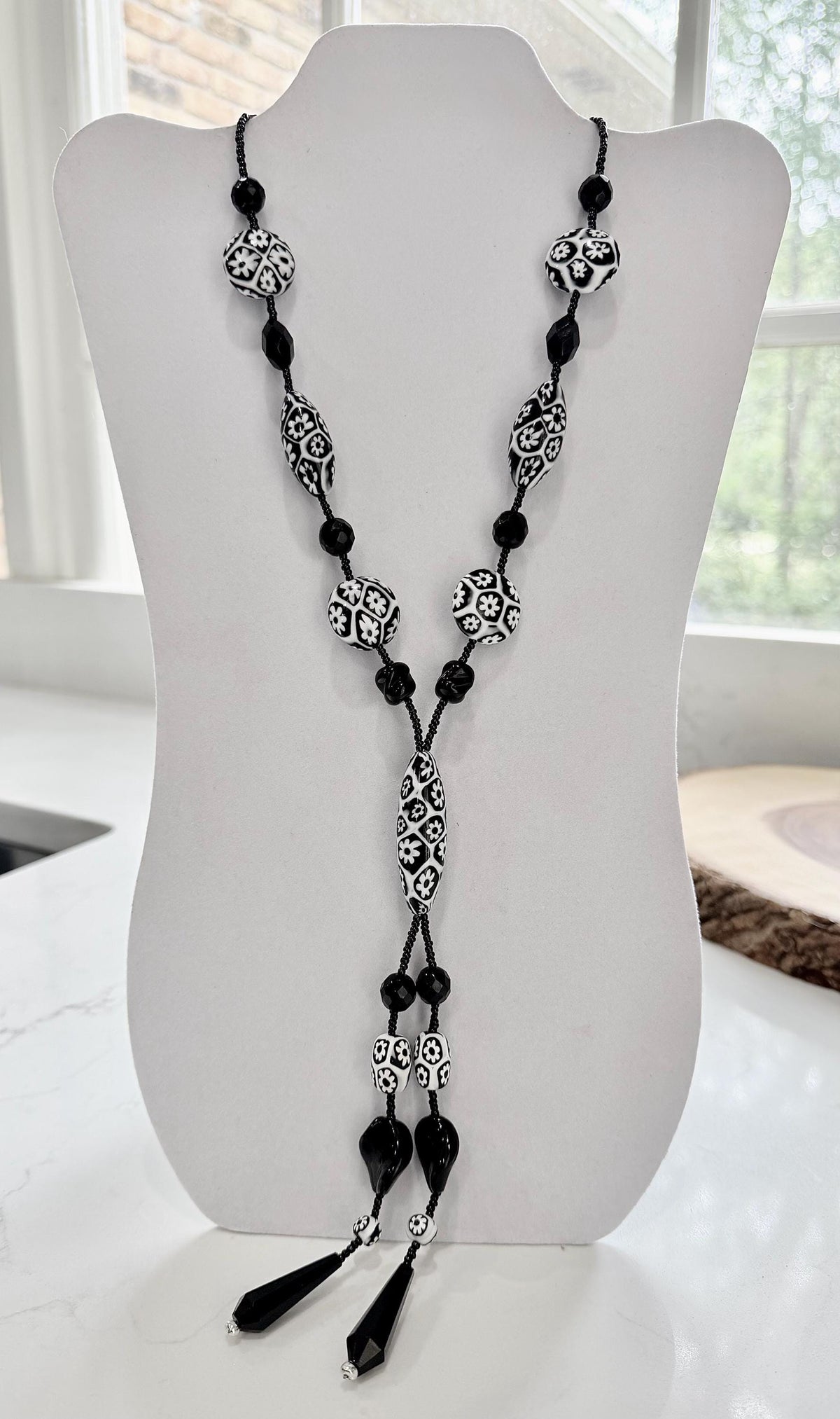 Rosario Leonardi Black White 40”Necklace: FEATURING Ercole Moretti Murano Millefiori Glass Beads