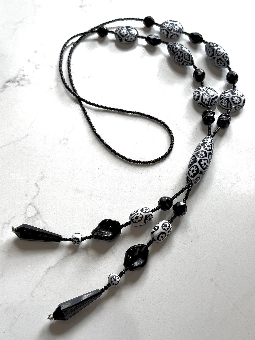 Rosario Leonardi Black White 40”Necklace: FEATURING Ercole Moretti Murano Millefiori Glass Beads