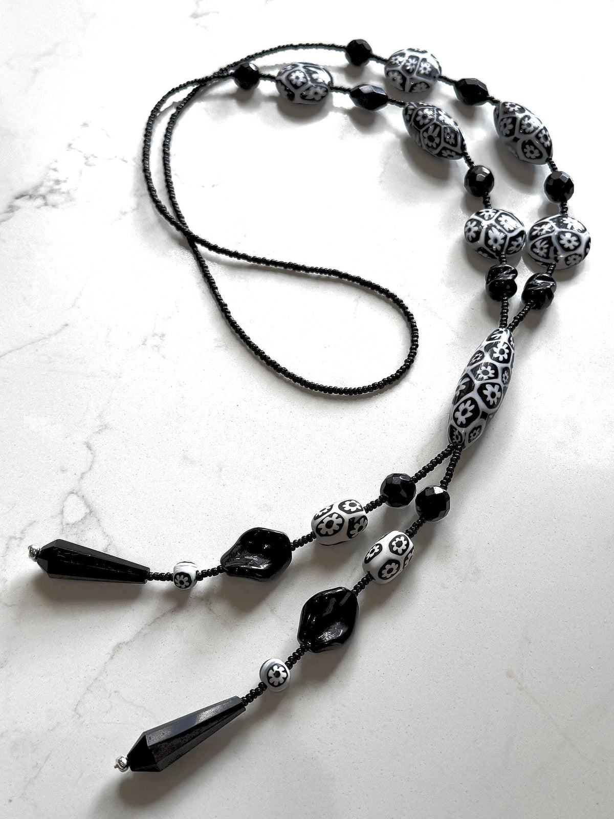 Rosario Leonardi Black White 40”Necklace: FEATURING Ercole Moretti Murano Millefiori Glass Beads