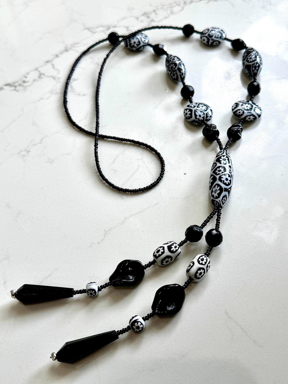 Rosario Leonardi Black White 40”Necklace: FEATURING Ercole Moretti Murano Millefiori Glass Beads