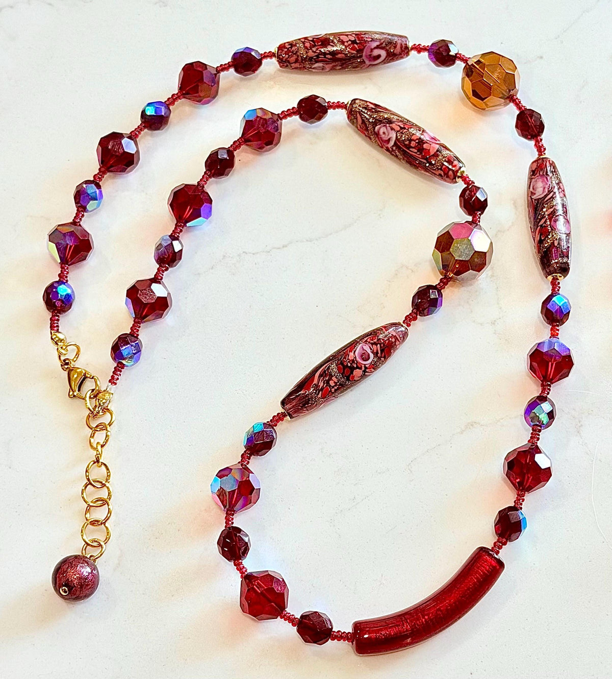 Rosario Leonardi Necklace – Red Torpedo Beads, Swarovski Crystals, Venetian Glass