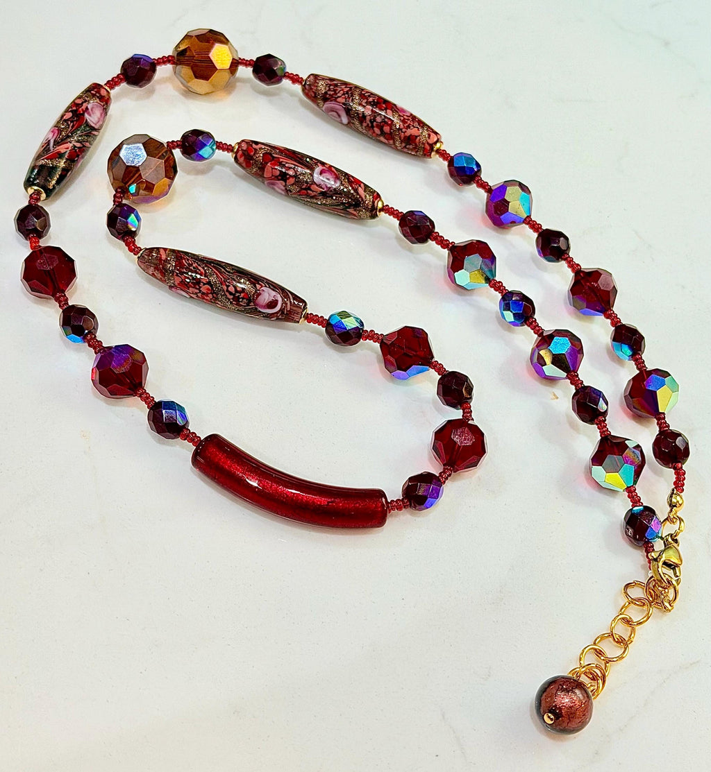 Rosario Leonardi Necklace – Red Torpedo Beads, Swarovski Crystals, Venetian Glass
