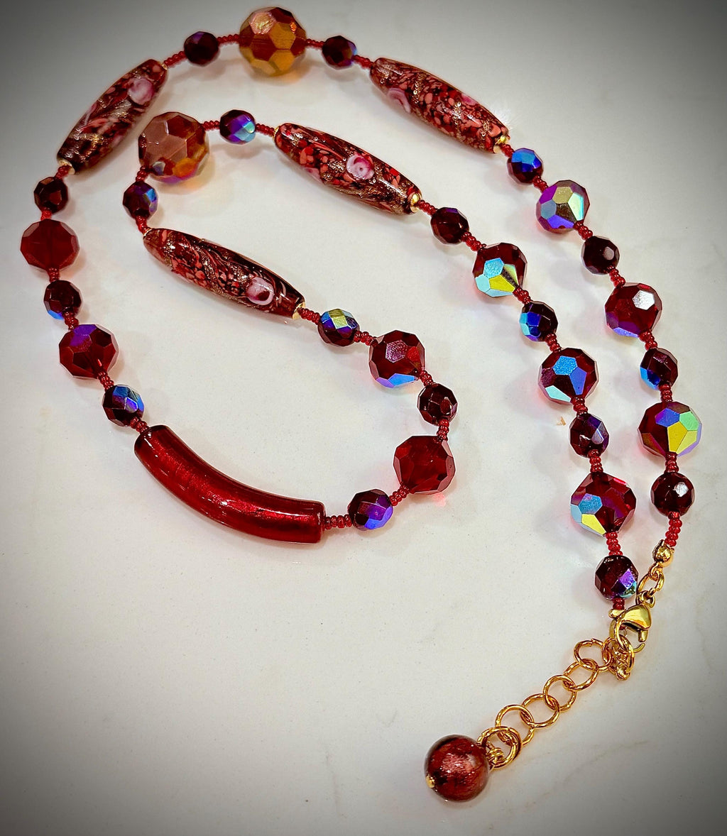 Rosario Leonardi Necklace – Red Torpedo Beads, Swarovski Crystals, Venetian Glass