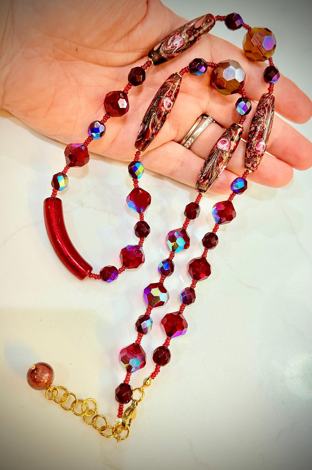 Rosario Leonardi Necklace – Red Torpedo Beads, Swarovski Crystals, Venetian Glass