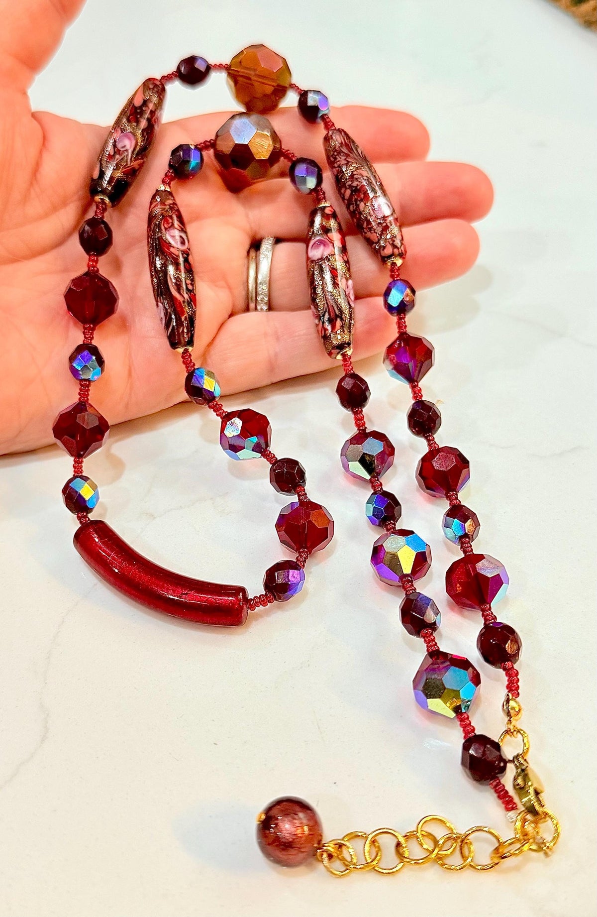 Rosario Leonardi Necklace – Red Torpedo Beads, Swarovski Crystals, Venetian Glass