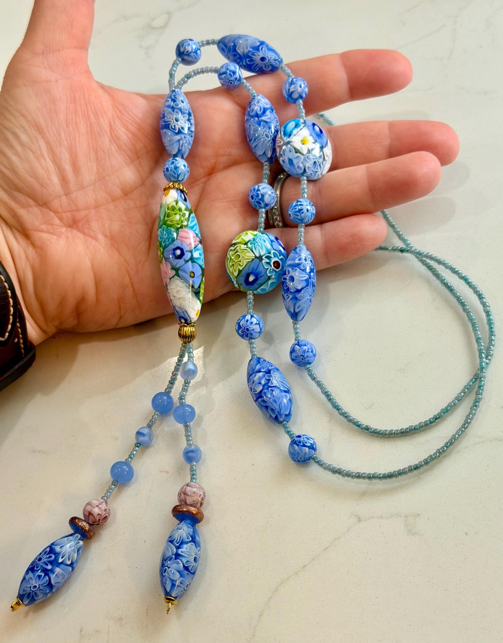 Rosario Leonardi Pastel Blue Lariat Necklace: Ercole Moretti Murano Millefiori Glass Beads