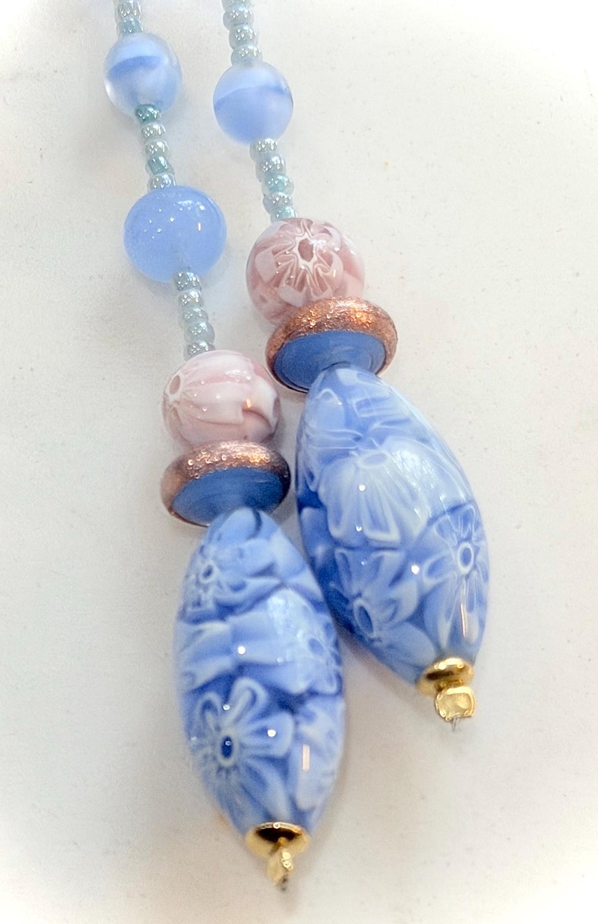 Rosario Leonardi Pastel Blue Lariat Necklace: Ercole Moretti Murano Millefiori Glass Beads