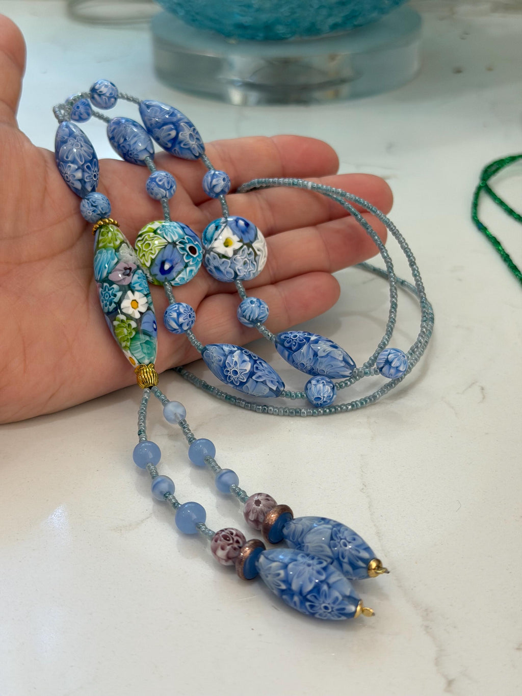 Rosario Leonardi Pastel Blue Lariat Necklace: Ercole Moretti Murano Millefiori Glass Beads