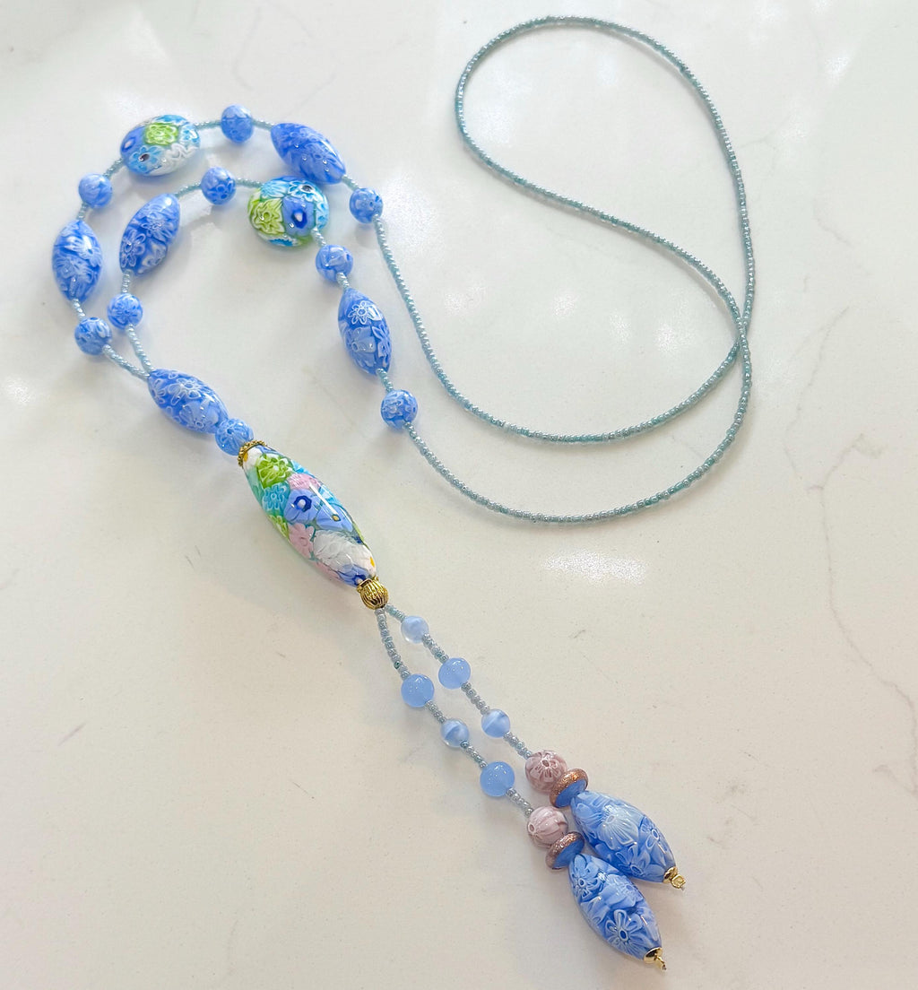 Rosario Leonardi Pastel Blue Lariat Necklace: Ercole Moretti Murano Millefiori Glass Beads