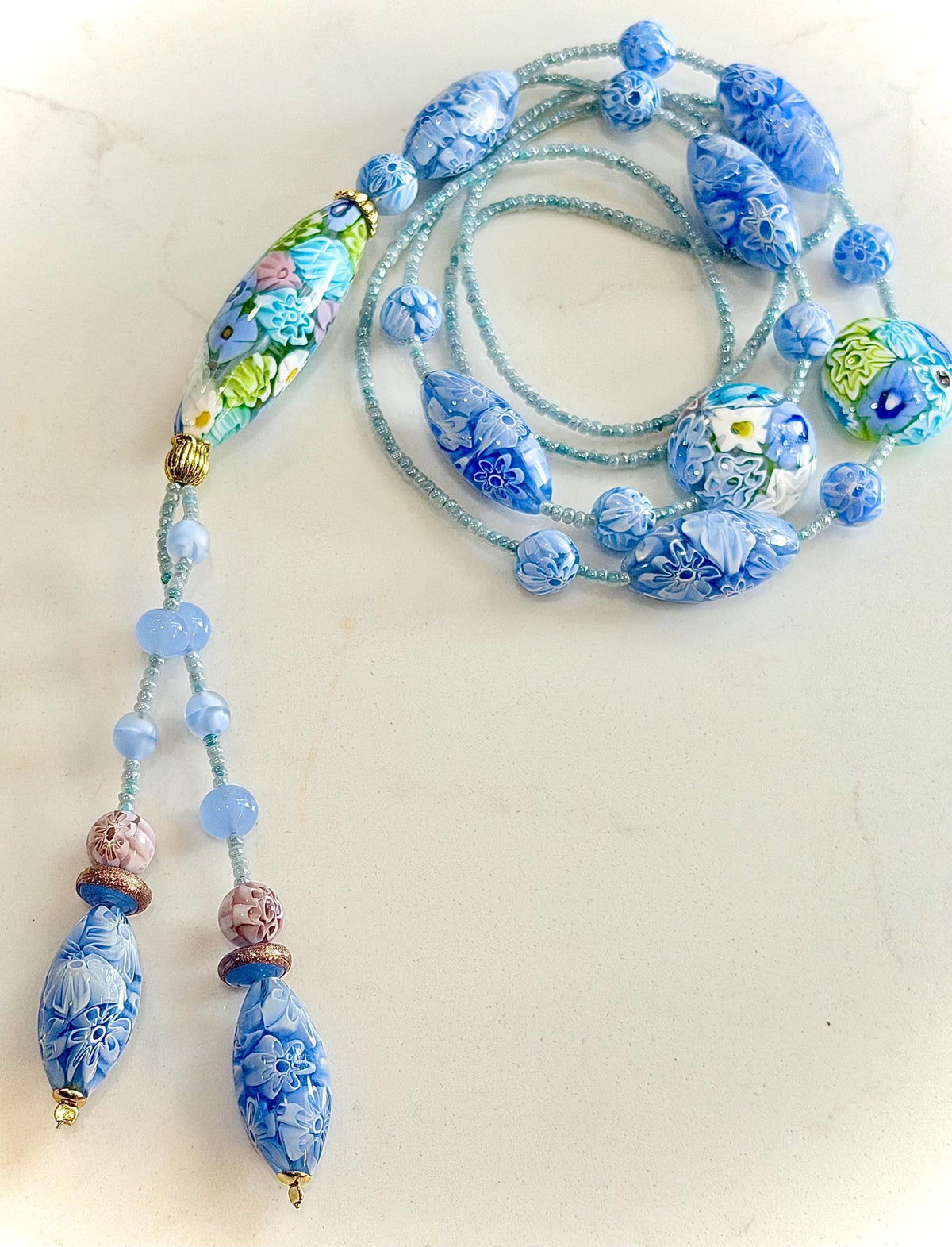 Rosario Leonardi Pastel Blue Lariat Necklace: Ercole Moretti Murano Millefiori Glass Beads