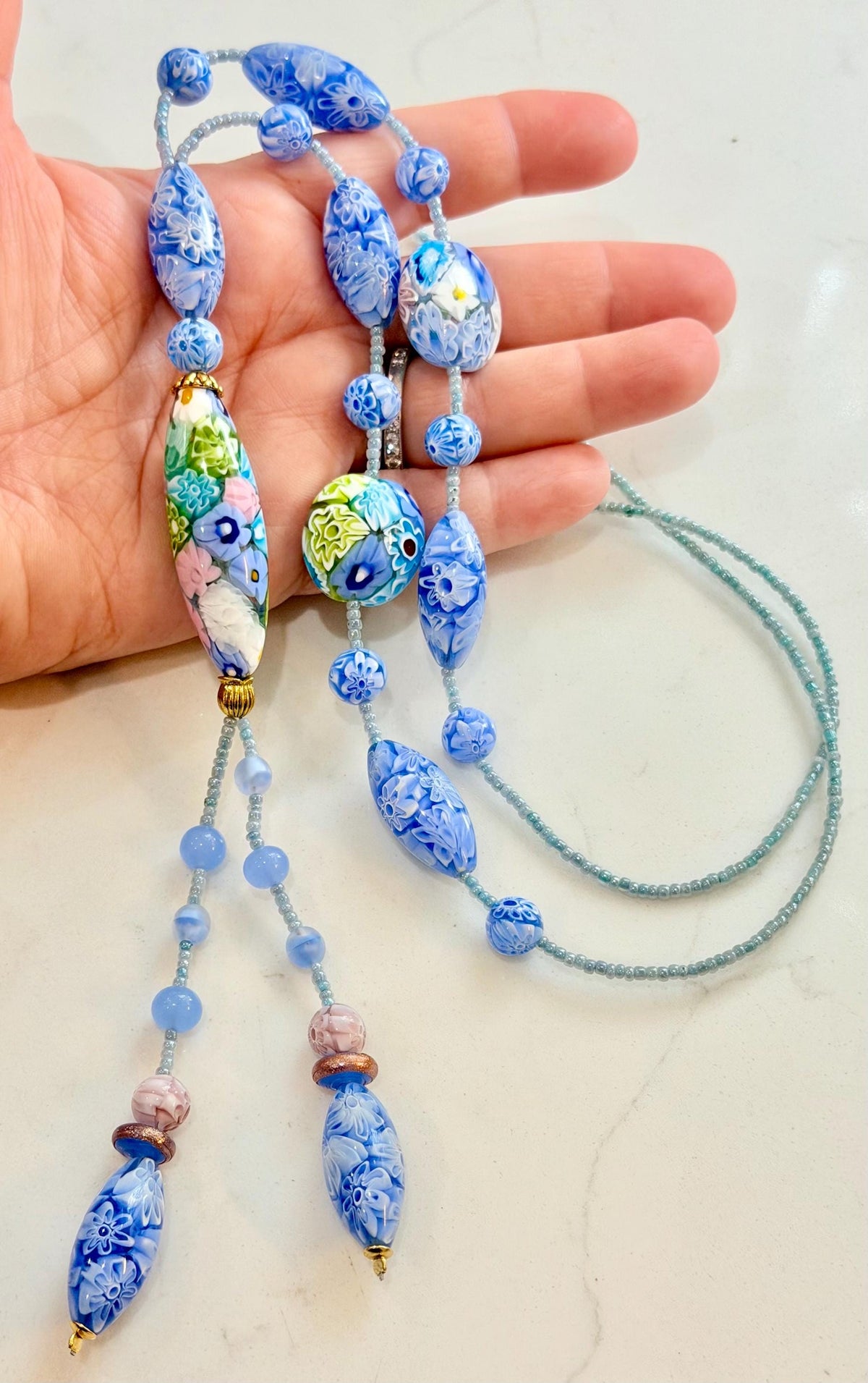 Rosario Leonardi Pastel Blue Lariat Necklace: Ercole Moretti Murano Millefiori Glass Beads