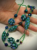 Rosario Leonardi Green and Blue Lariat Necklace: Ercole Moretti Murano Millefiori Glass Beads