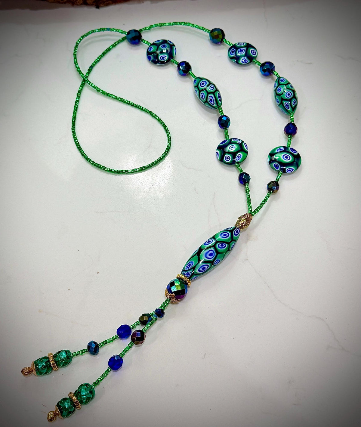 Rosario Leonardi Green and Blue Lariat Necklace: Ercole Moretti Murano Millefiori Glass Beads