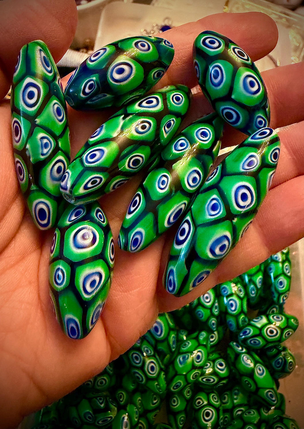 Rosario Leonardi Green and Blue Lariat Necklace: Ercole Moretti Murano Millefiori Glass Beads