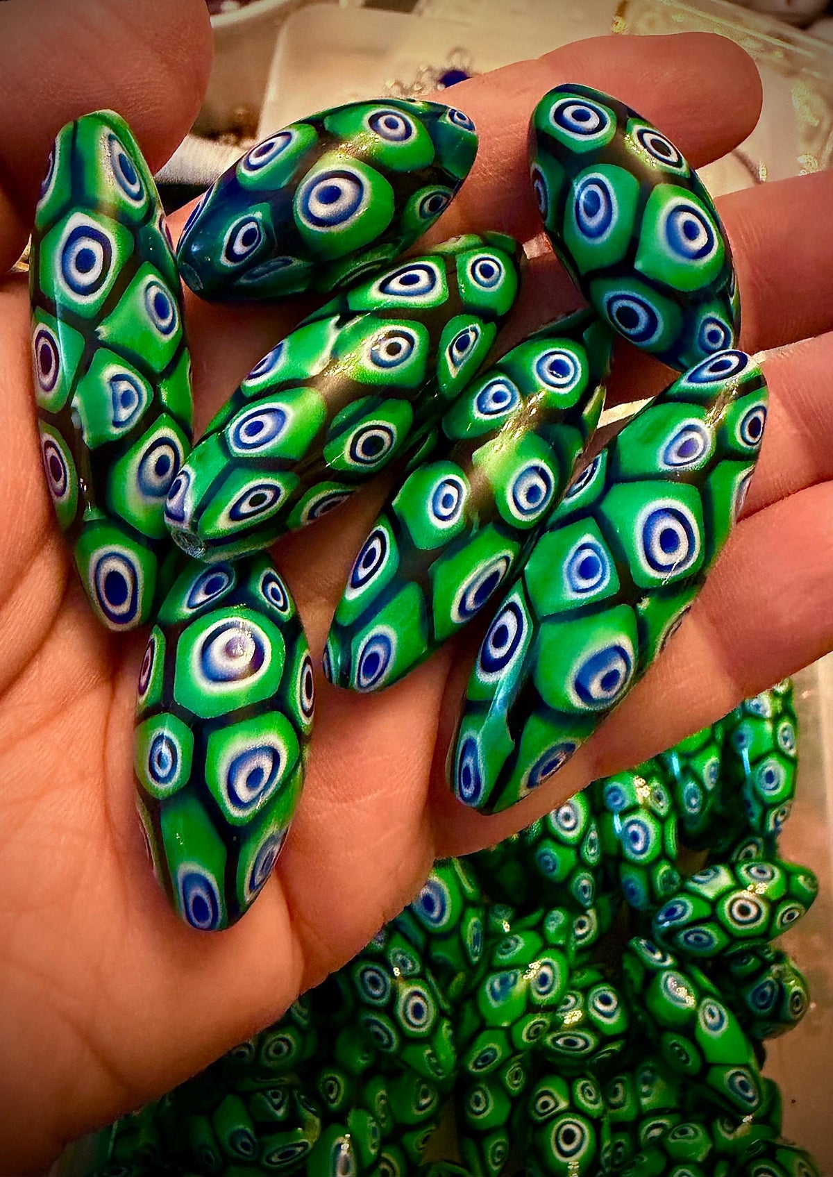 Rosario Leonardi Green and Blue Lariat Necklace: Ercole Moretti Murano Millefiori Glass Beads