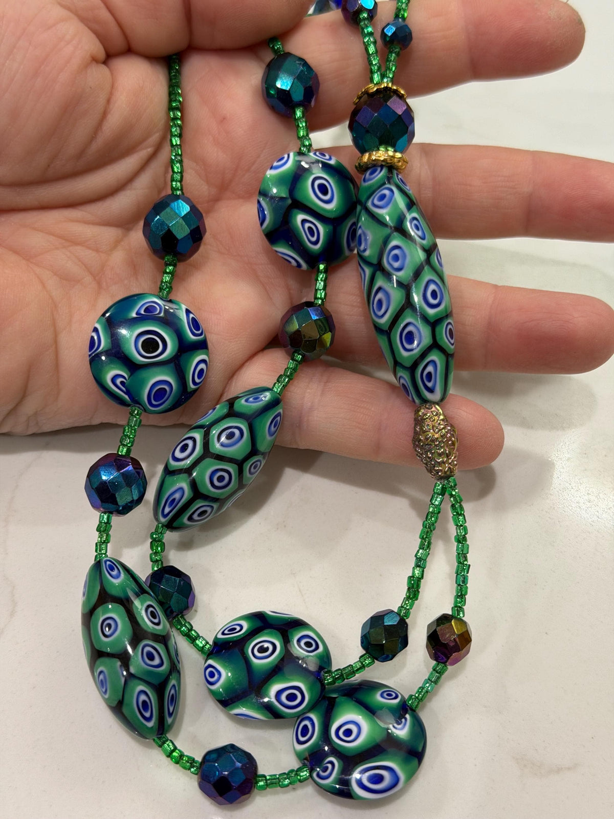 Rosario Leonardi Green and Blue Lariat Necklace: Ercole Moretti Murano Millefiori Glass Beads