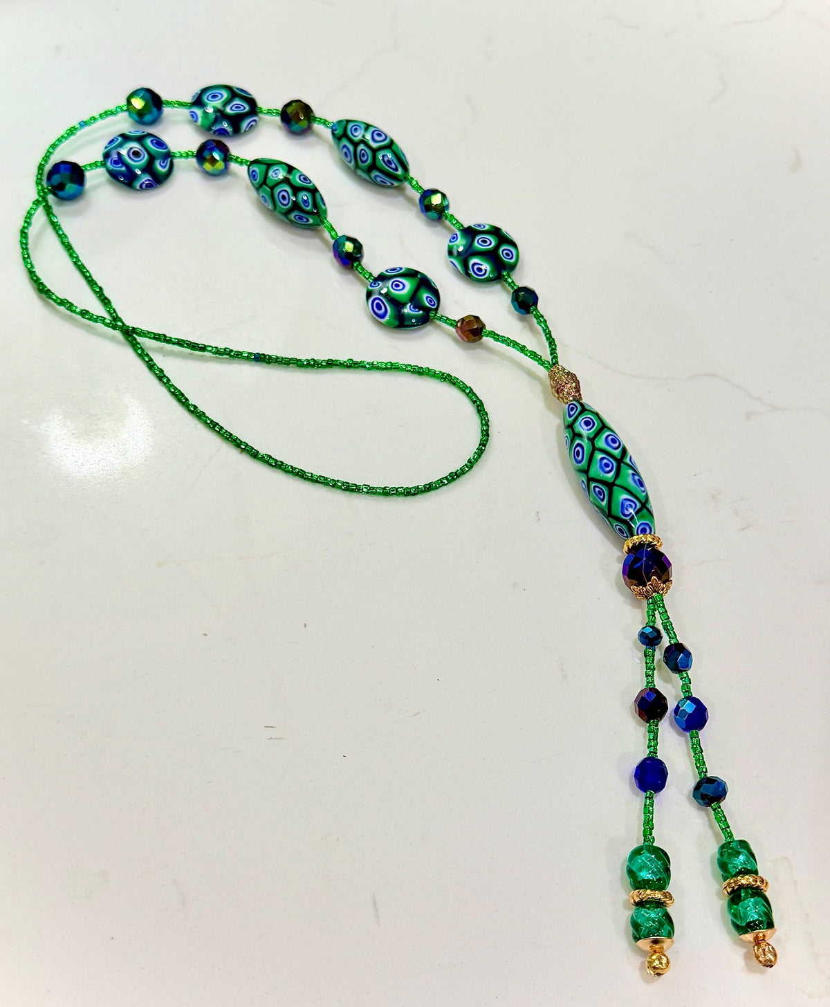 Rosario Leonardi Green and Blue Lariat Necklace: Ercole Moretti Murano Millefiori Glass Beads