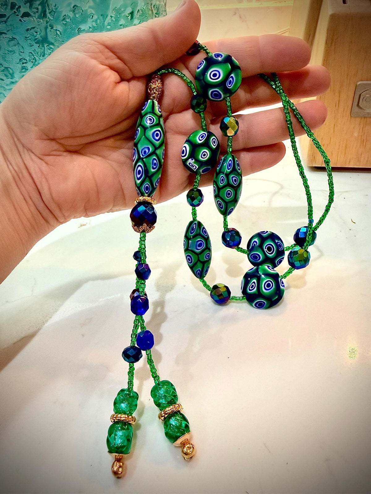 Rosario Leonardi Green and Blue Lariat Necklace: Ercole Moretti Murano Millefiori Glass Beads