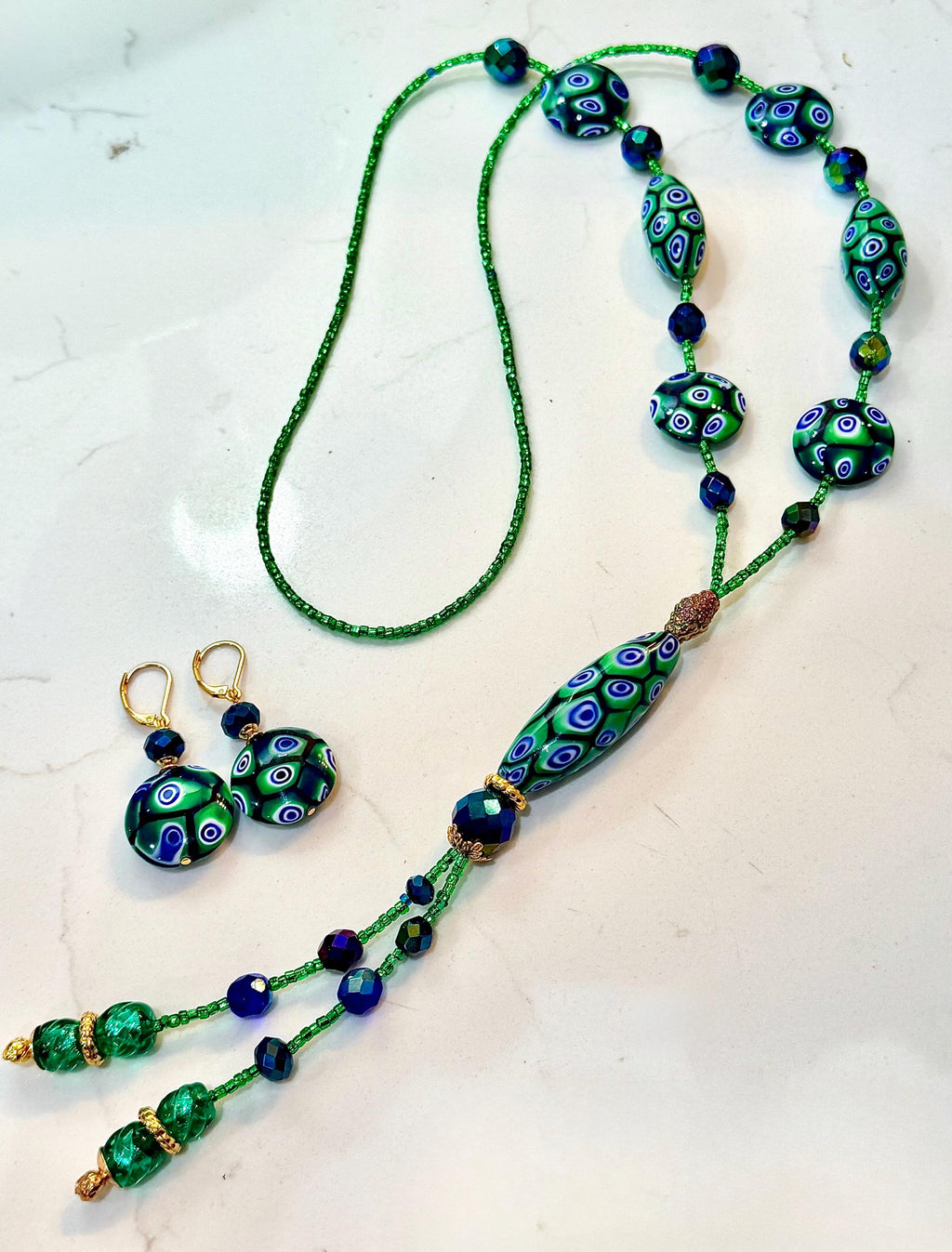 Rosario Leonardi Green and Blue Lariat Necklace: Ercole Moretti Murano Millefiori Glass Beads