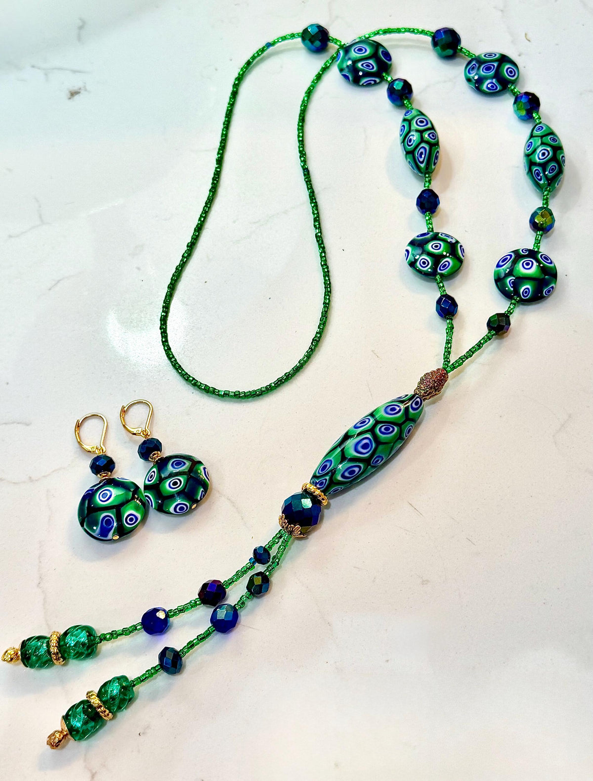 Rosario Leonardi Green and Blue Lariat Necklace: Ercole Moretti Murano Millefiori Glass Beads