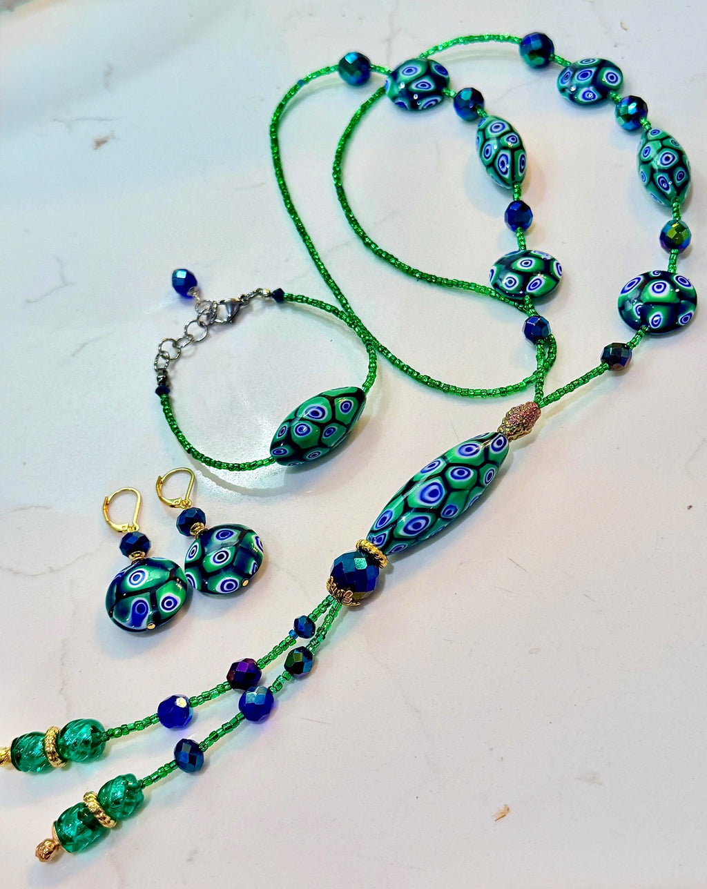 Rosario Leonardi Green and Blue Lariat Necklace: Ercole Moretti Murano Millefiori Glass Beads