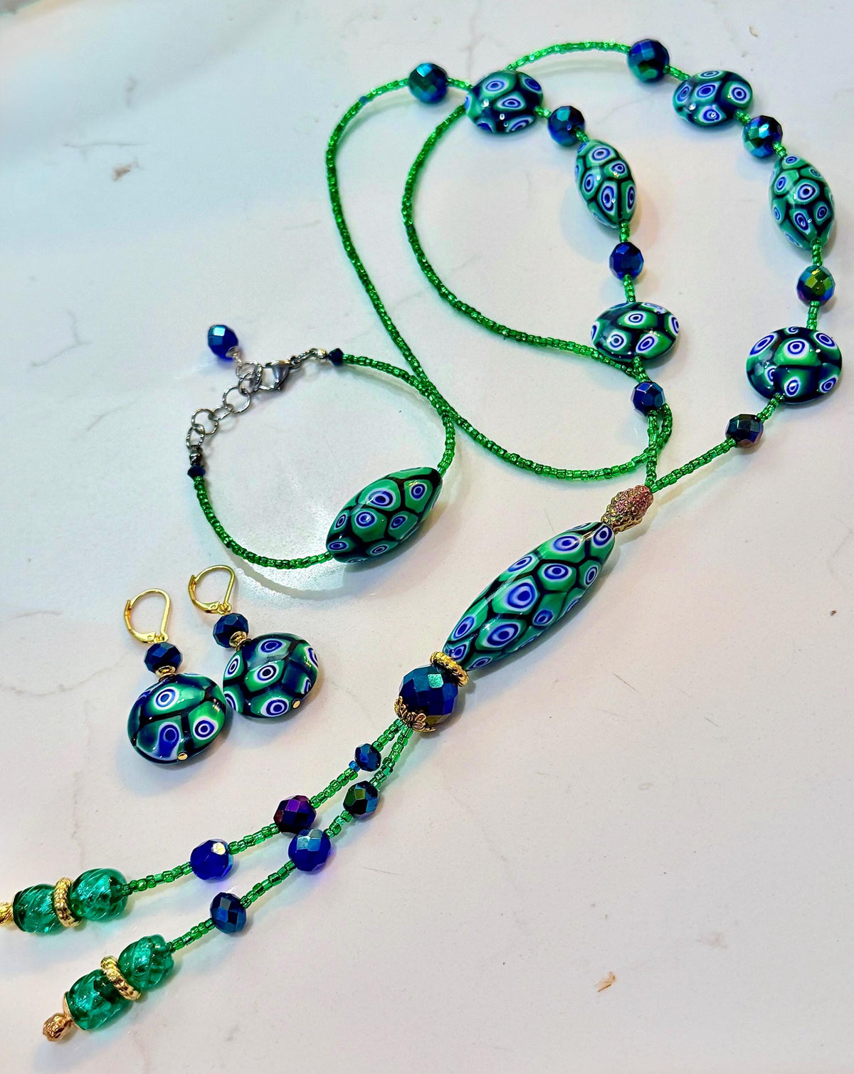 Rosario Leonardi Green and Blue Lariat Necklace: Ercole Moretti Murano Millefiori Glass Beads
