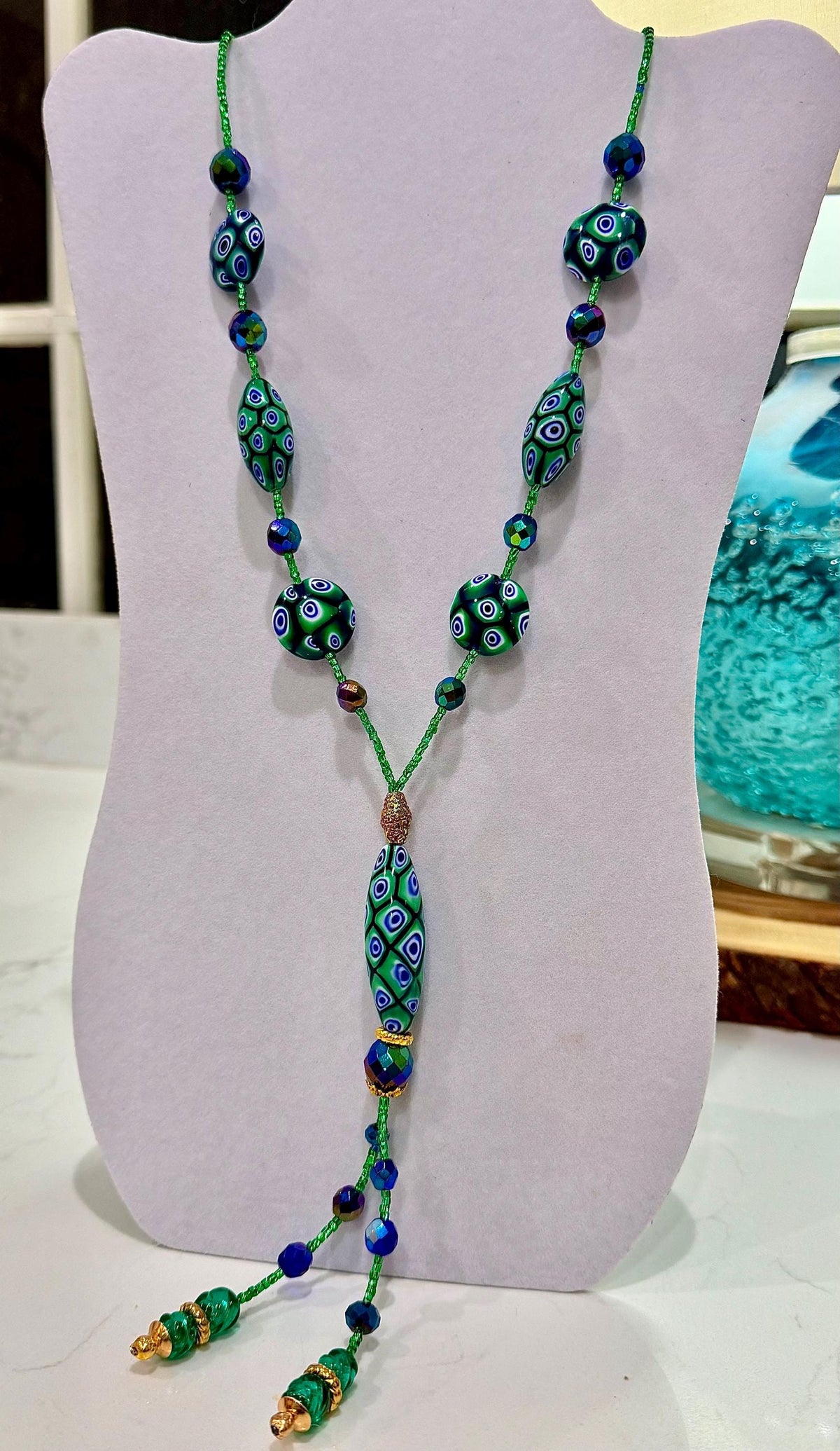 Rosario Leonardi Green and Blue Lariat Necklace: Ercole Moretti Murano Millefiori Glass Beads