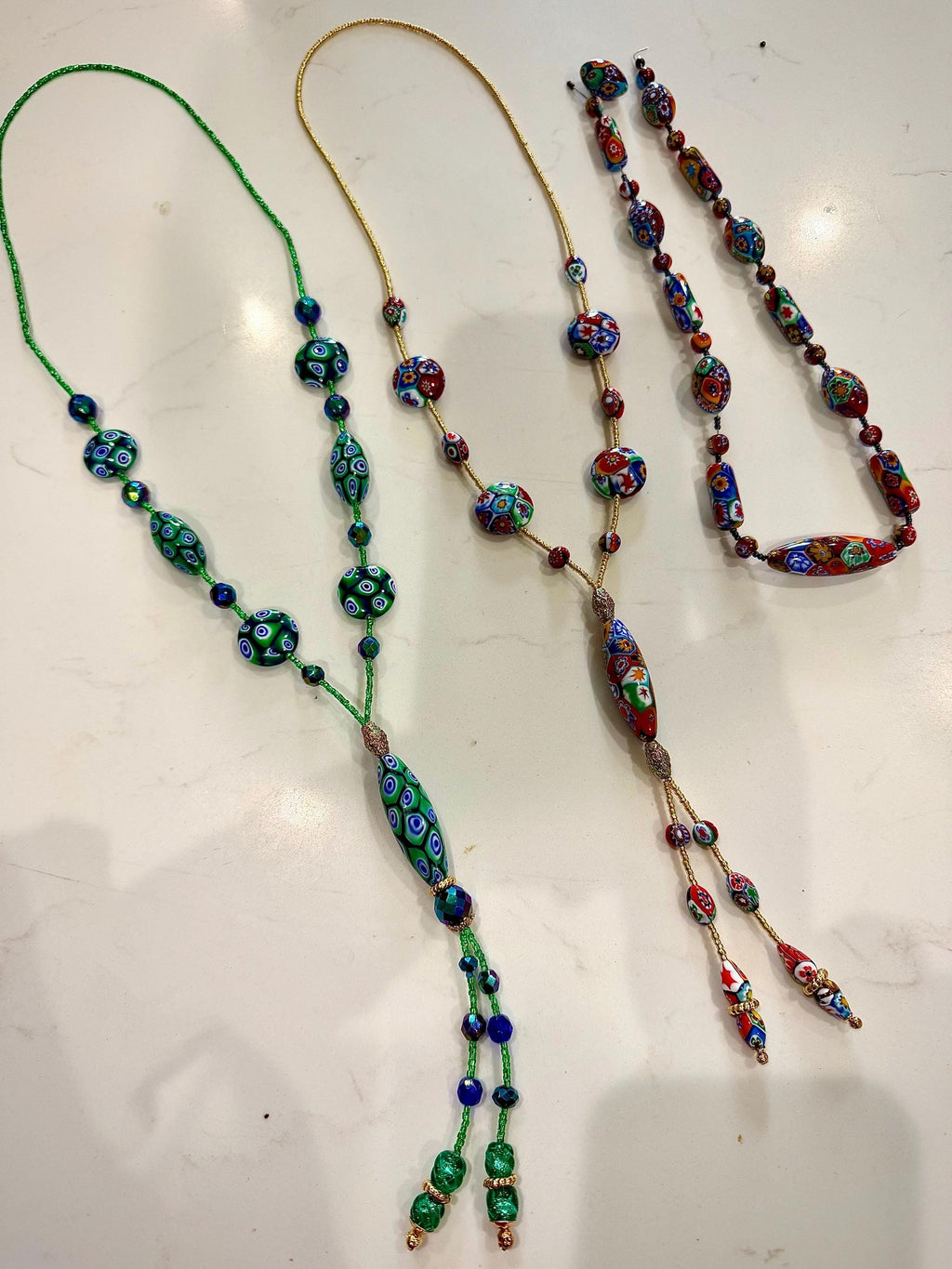 Rosario Leonardi Green and Blue Lariat Necklace: Ercole Moretti Murano Millefiori Glass Beads