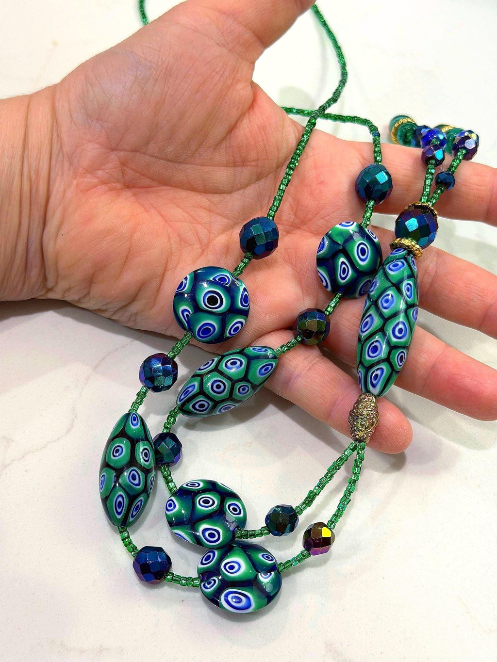 Rosario Leonardi Green and Blue Lariat Necklace: Ercole Moretti Murano Millefiori Glass Beads