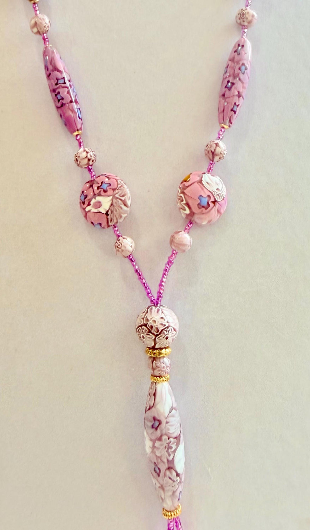 Rosario Leonardi Pastel Pink 40”Necklace: FEATURING Ercole Moretti Murano Millefiori Glass Beads
