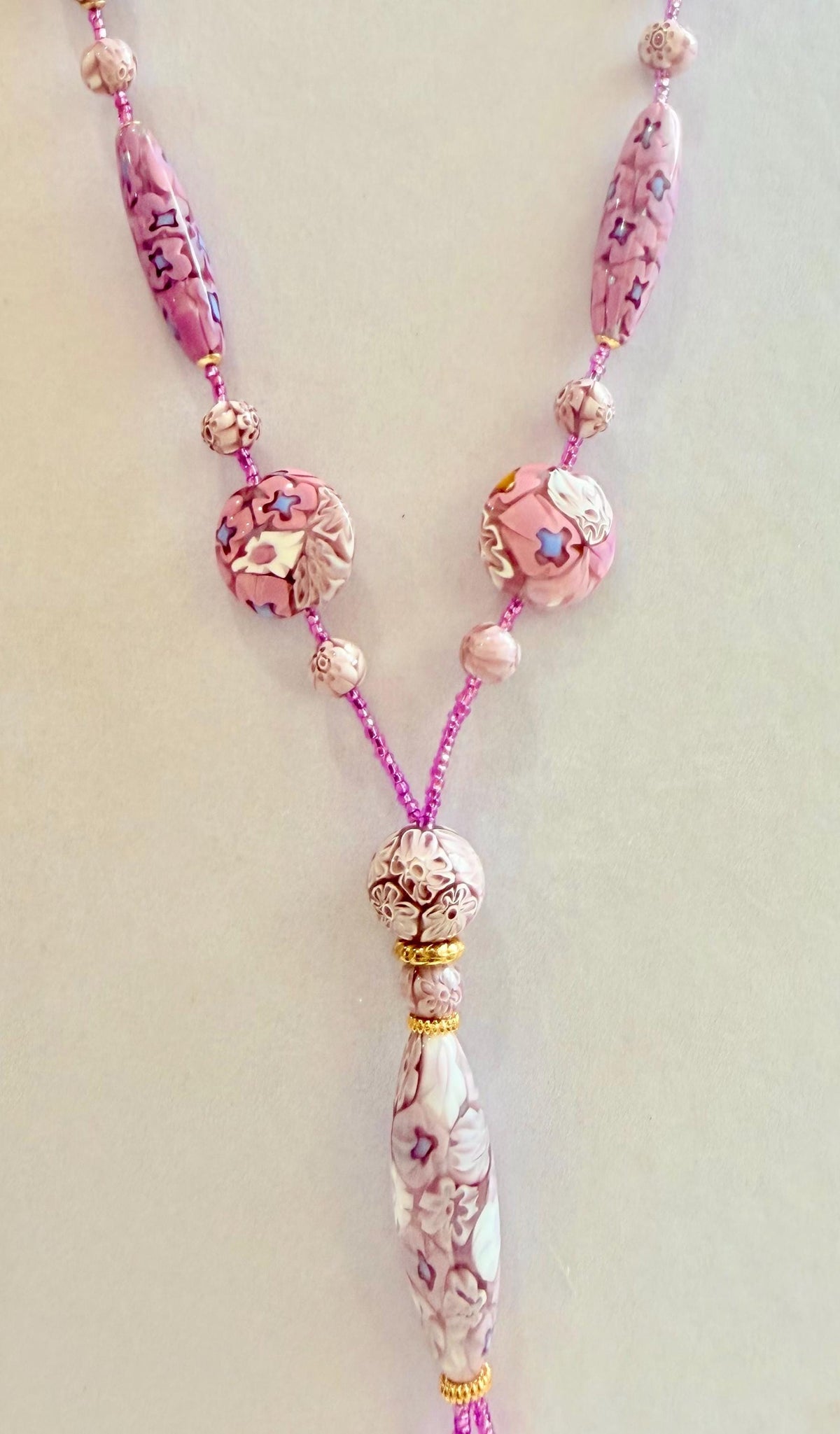 Rosario Leonardi Pastel Pink 40”Necklace: FEATURING Ercole Moretti Murano Millefiori Glass Beads