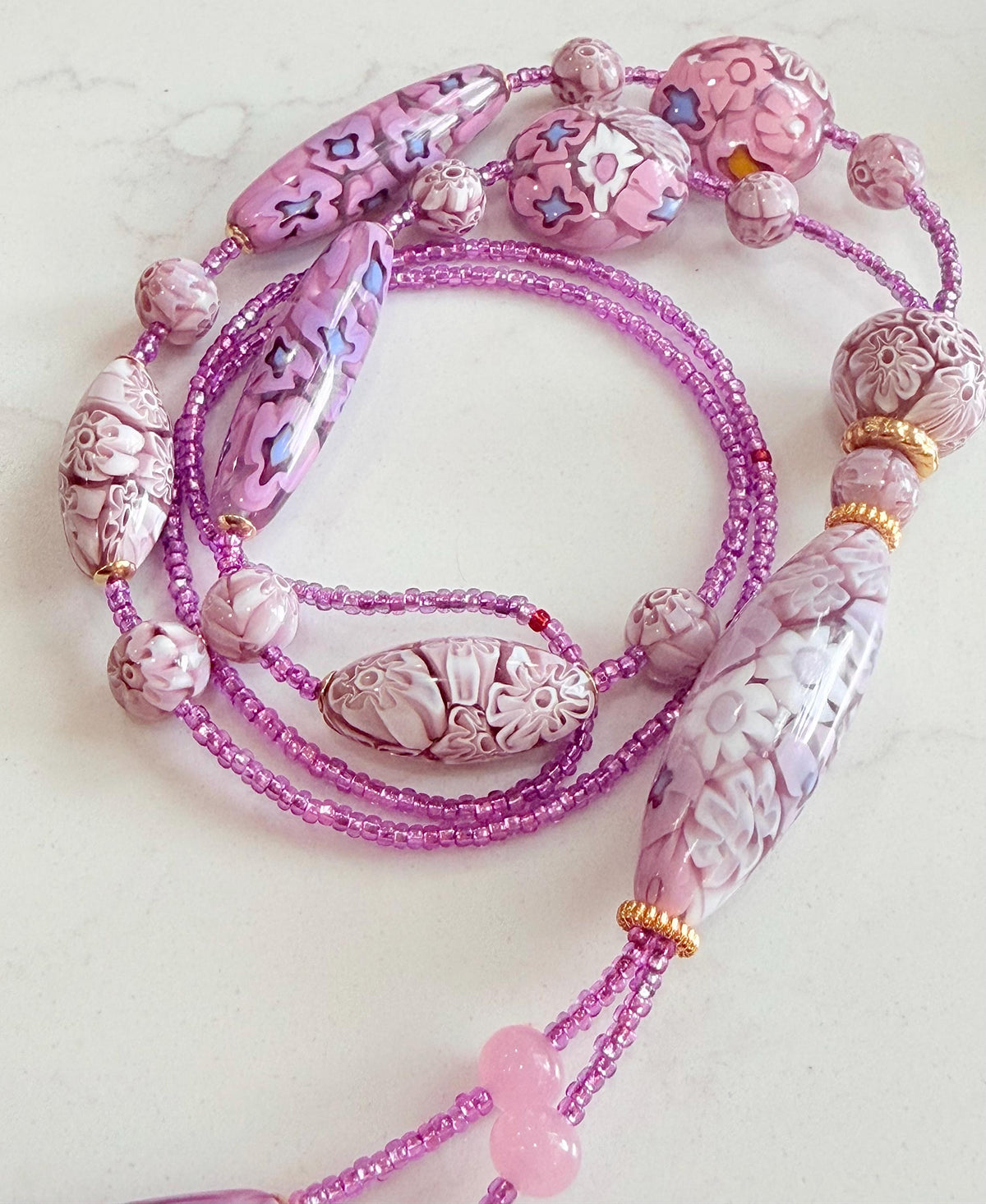 Rosario Leonardi Pastel Pink 40”Necklace: FEATURING Ercole Moretti Murano Millefiori Glass Beads