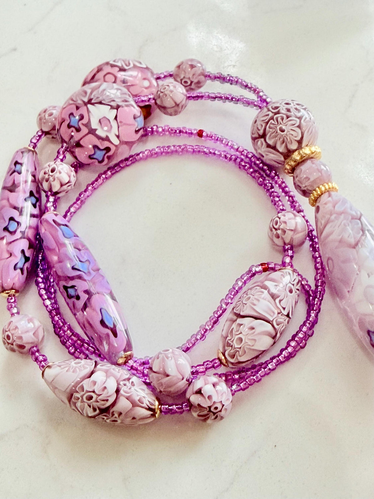 Rosario Leonardi Pastel Pink 40”Necklace: FEATURING Ercole Moretti Murano Millefiori Glass Beads