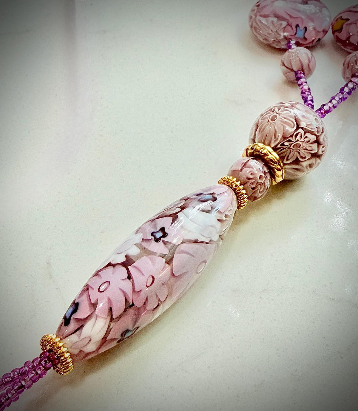 Rosario Leonardi Pastel Pink 40”Necklace: FEATURING Ercole Moretti Murano Millefiori Glass Beads