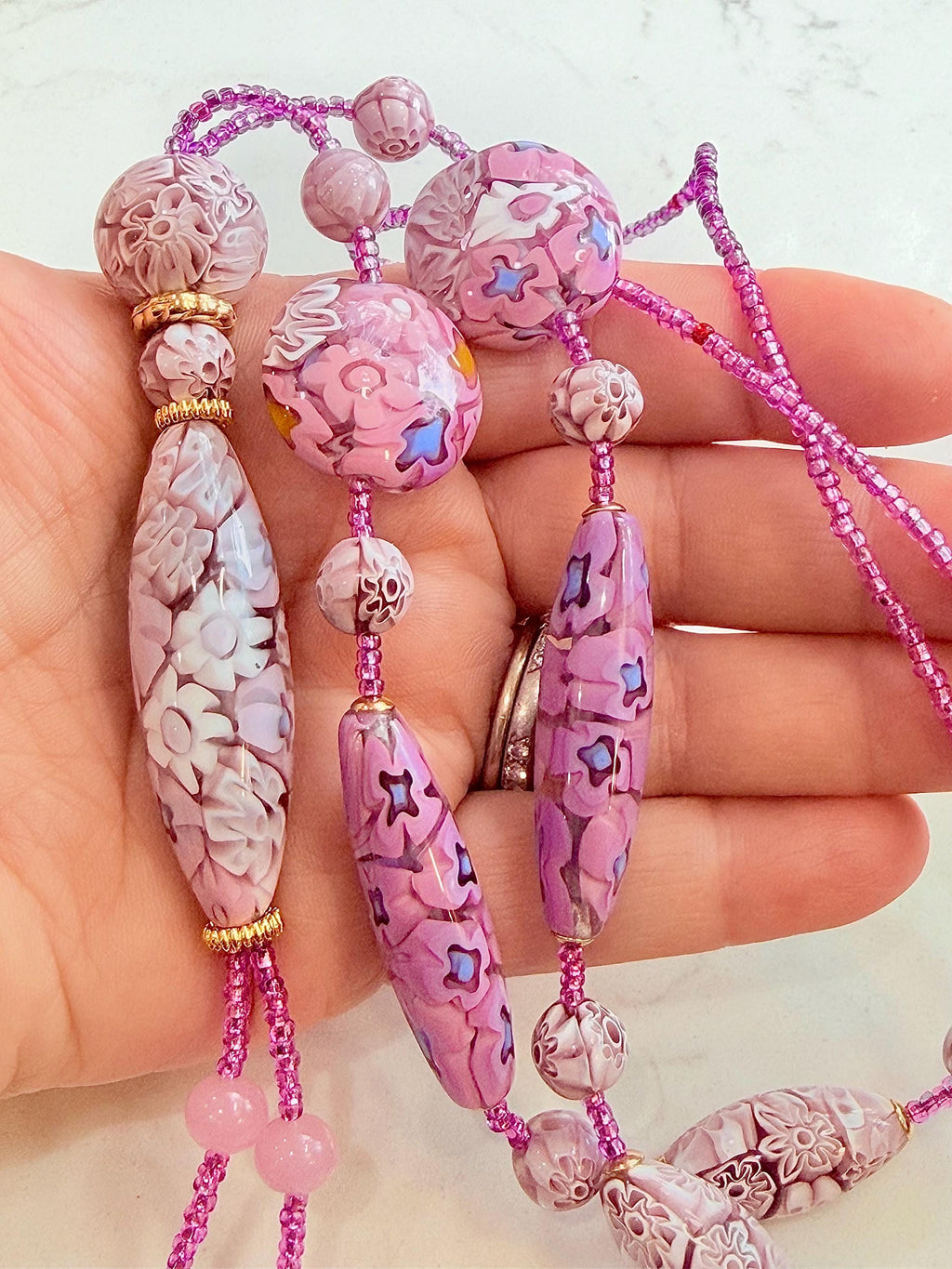 Rosario Leonardi Pastel Pink 40”Necklace: FEATURING Ercole Moretti Murano Millefiori Glass Beads