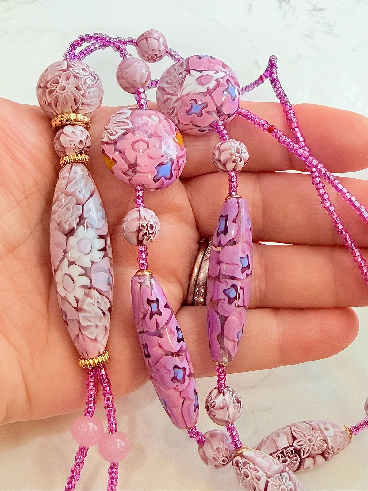Rosario Leonardi Pastel Pink 40”Necklace: FEATURING Ercole Moretti Murano Millefiori Glass Beads