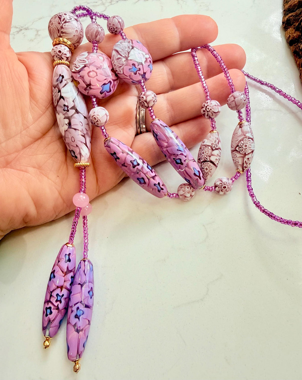 Rosario Leonardi Pastel Pink 40”Necklace: FEATURING Ercole Moretti Murano Millefiori Glass Beads