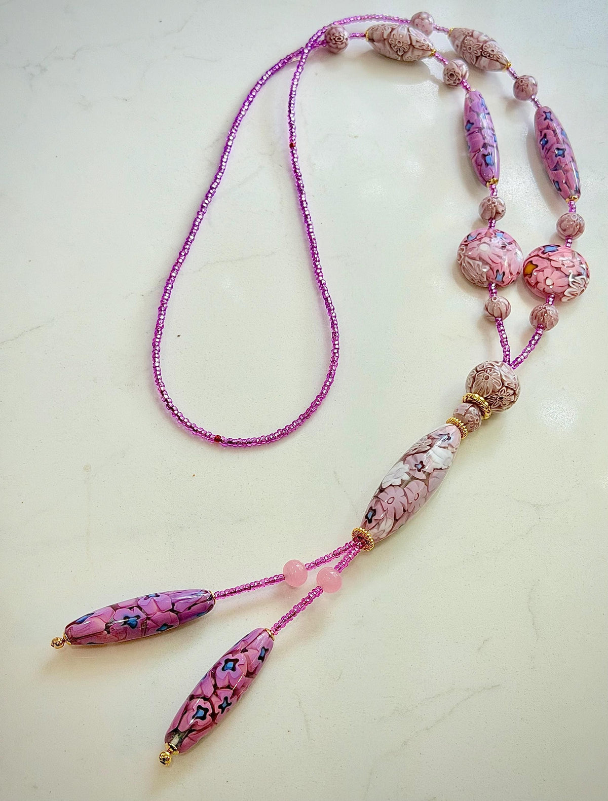 Rosario Leonardi Pastel Pink 40”Necklace: FEATURING Ercole Moretti Murano Millefiori Glass Beads