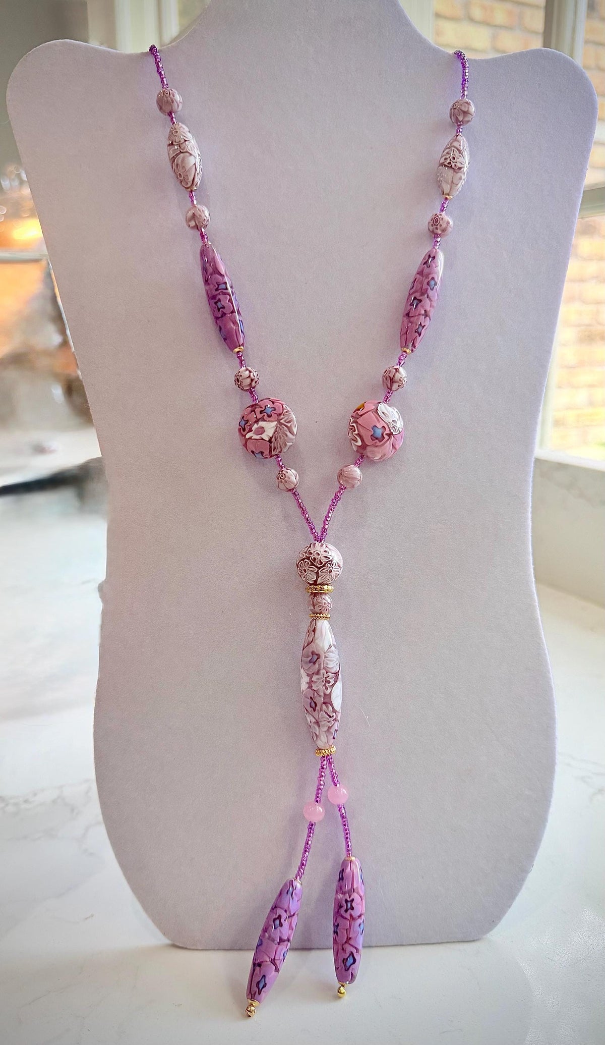 Rosario Leonardi Pastel Pink 40”Necklace: FEATURING Ercole Moretti Murano Millefiori Glass Beads