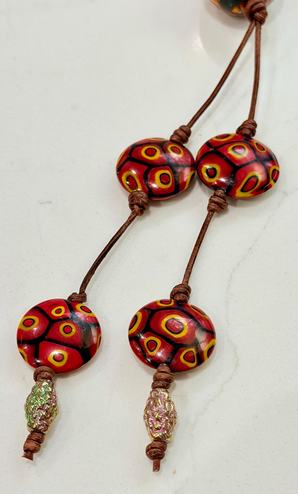 Rosario Leonardi Leather Fire Lariat Necklace-Featuring Exclusive Ercole Moretti Beads