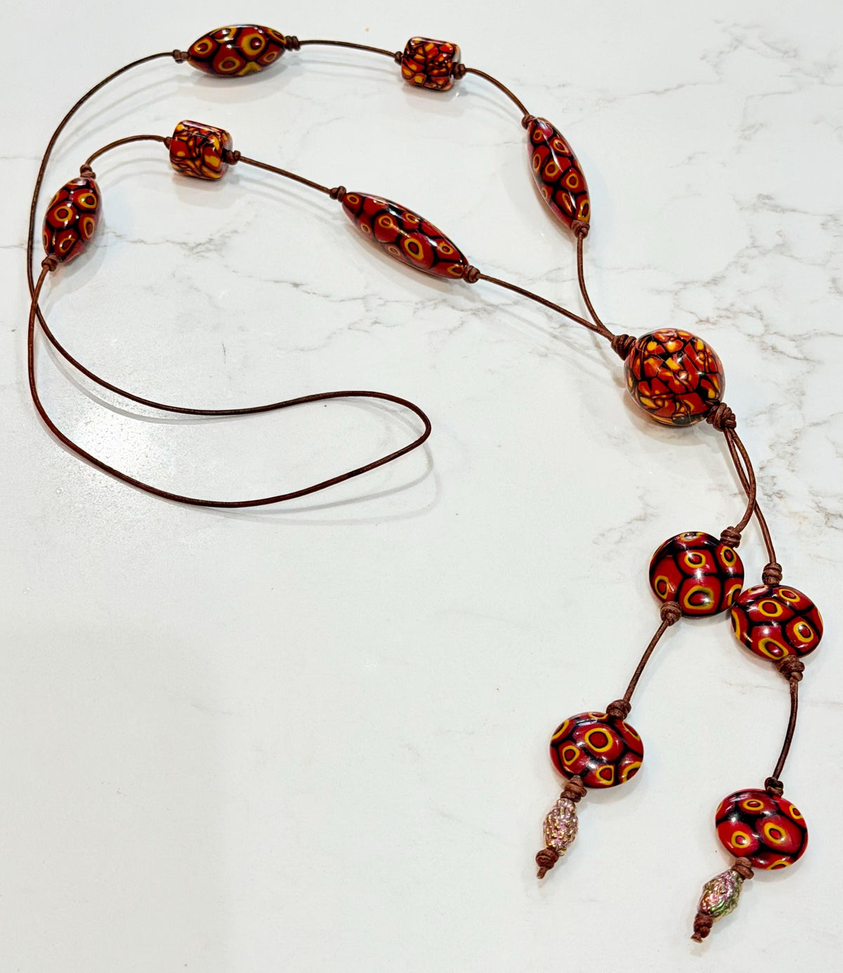 Rosario Leonardi Leather Fire Lariat Necklace-Featuring Exclusive Ercole Moretti Beads