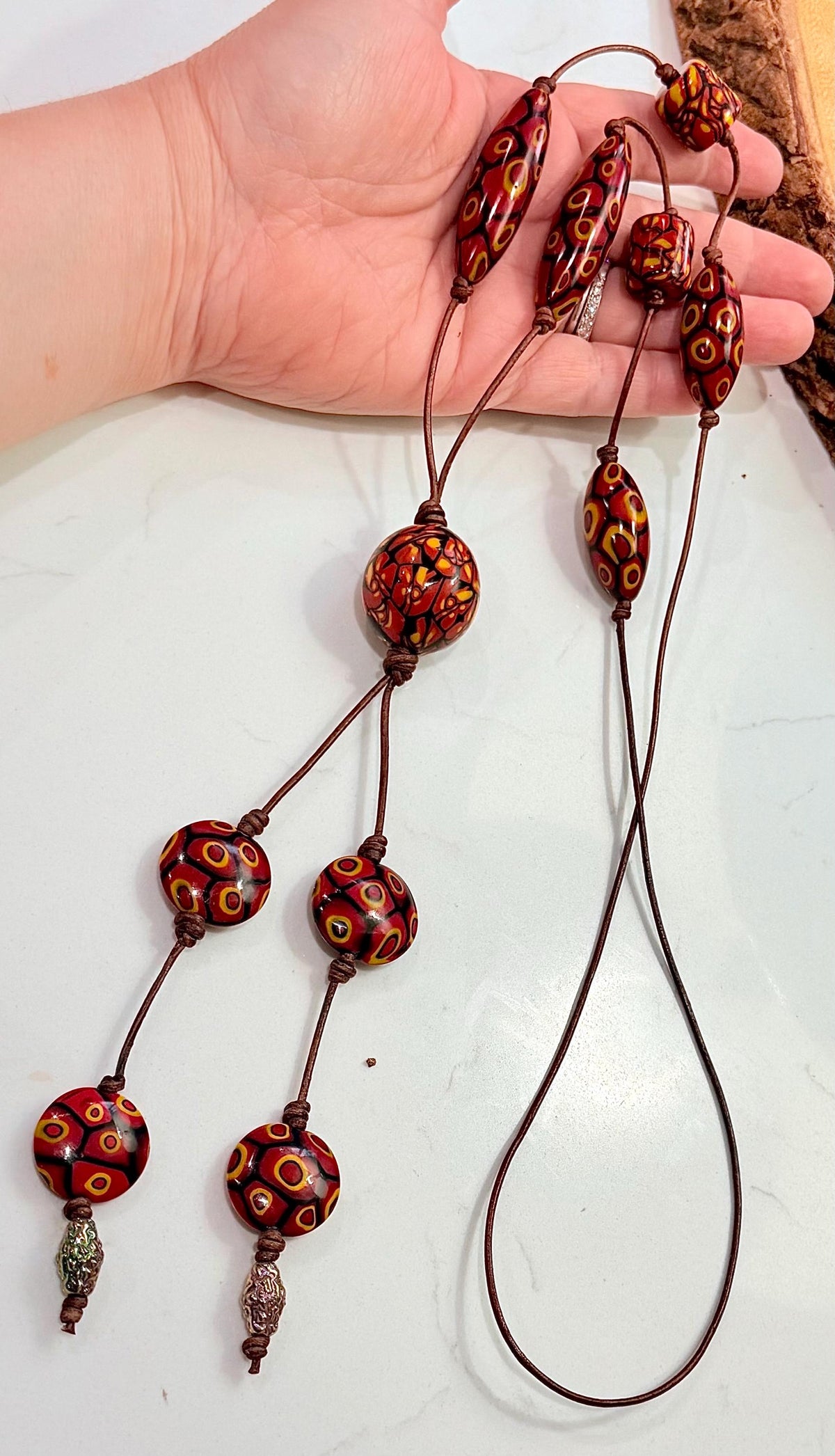 Rosario Leonardi Leather Fire Lariat Necklace-Featuring Exclusive Ercole Moretti Beads