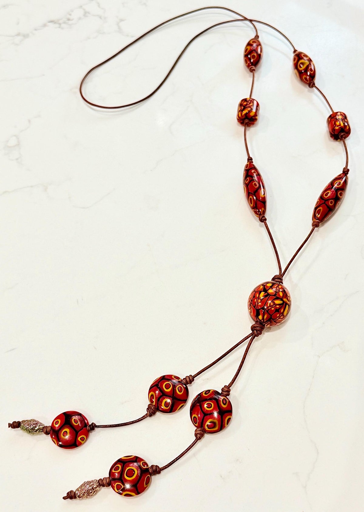Rosario Leonardi Leather Fire Lariat Necklace-Featuring Exclusive Ercole Moretti Beads