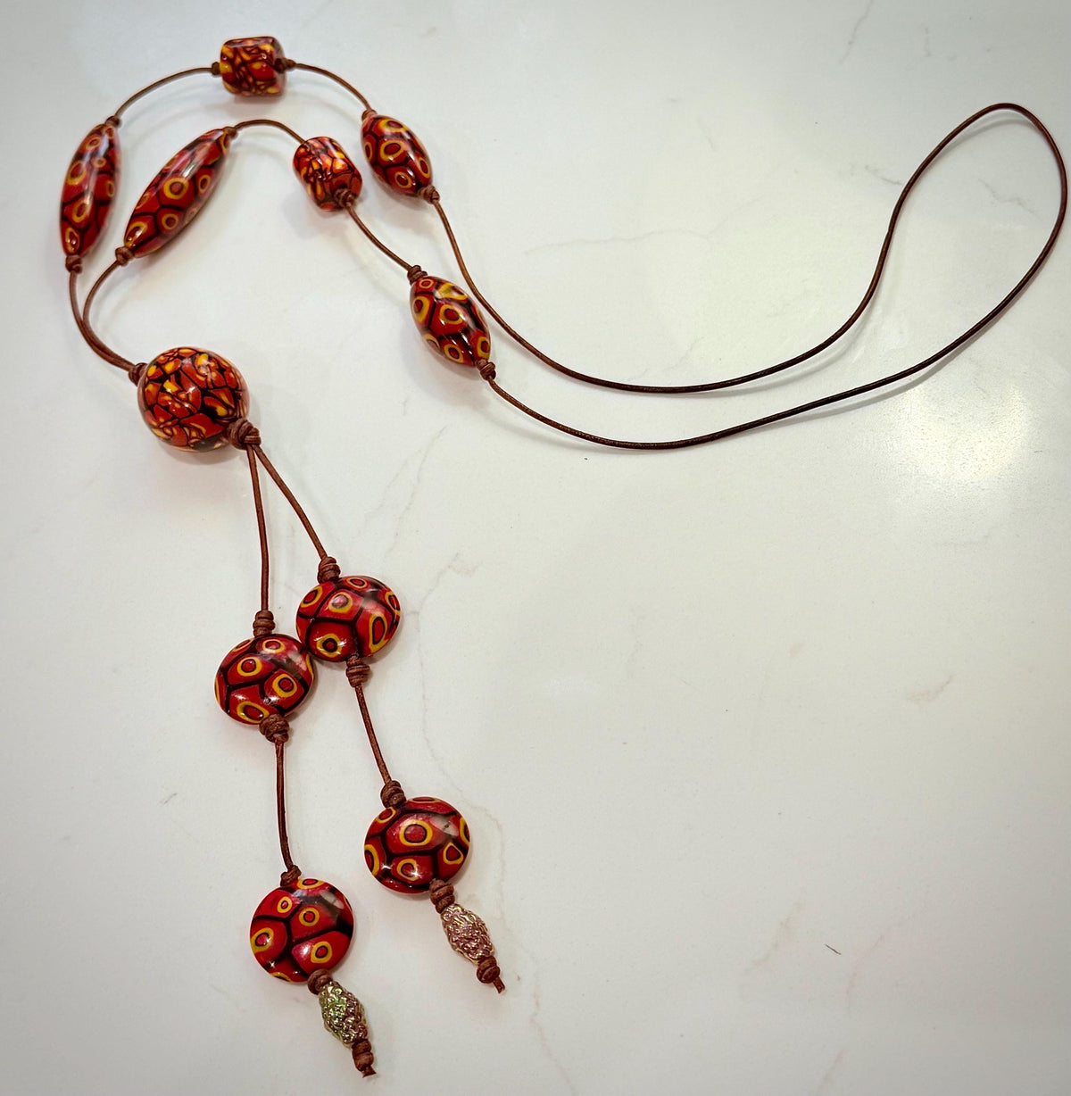 Rosario Leonardi Leather Fire Lariat Necklace-Featuring Exclusive Ercole Moretti Beads