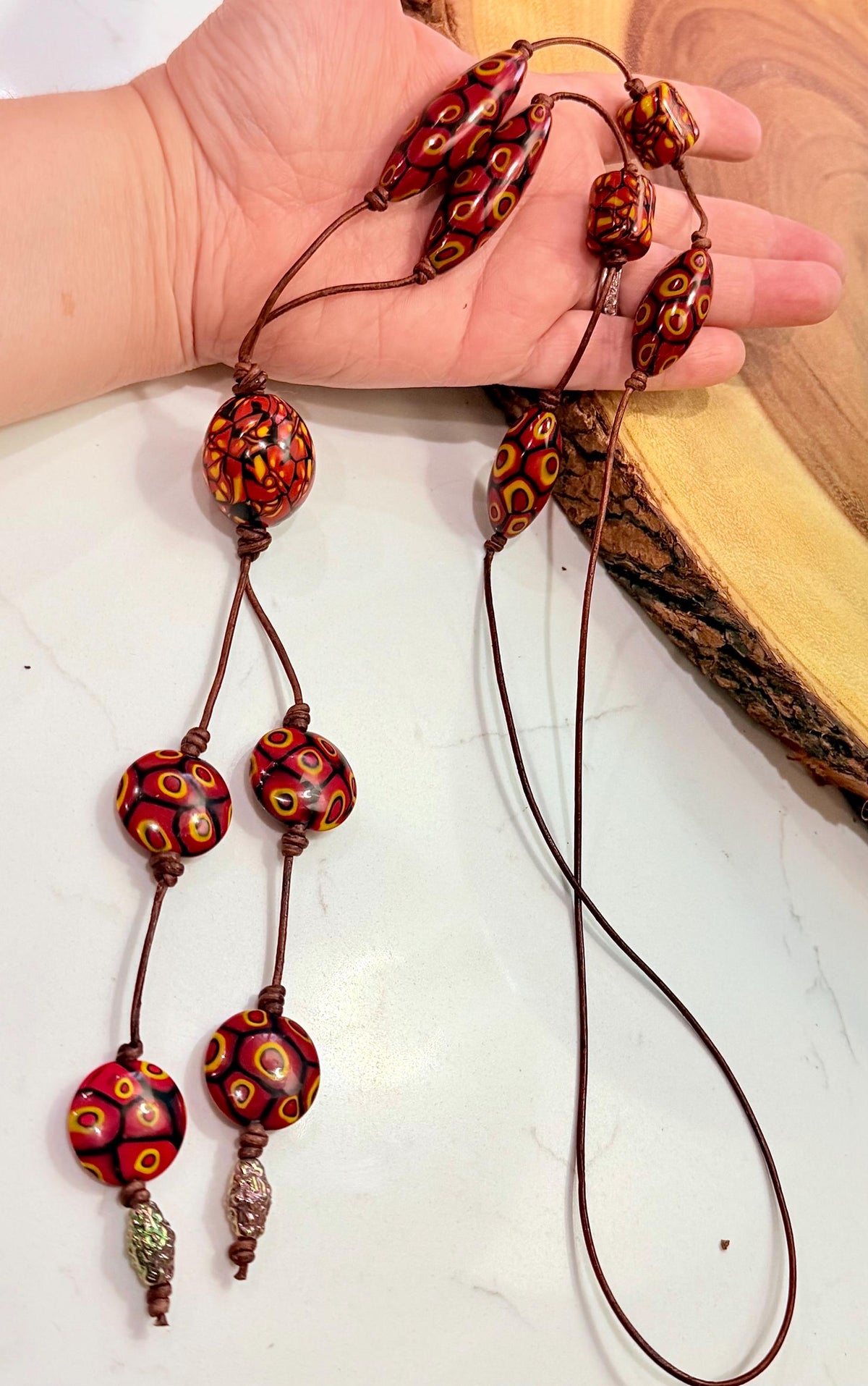Rosario Leonardi Leather Fire Lariat Necklace-Featuring Exclusive Ercole Moretti Beads